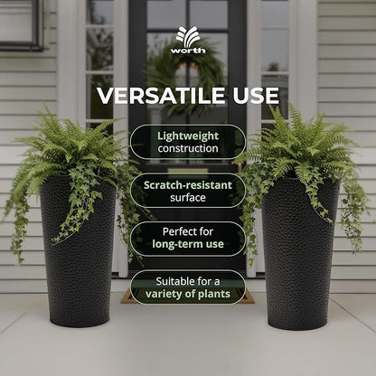 Worth 2 Pack 28" Tall Narrow Metal Planter with Inside Pot for Indoors or Outdoors, Deck, Patio or Front Porch, Hand-Hammered Texture, Black