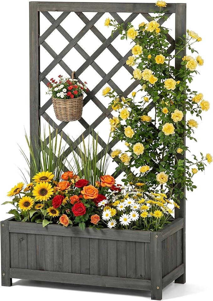 Wooden Raised Garden Bed with Trellis, 40" Outdoor Planter Box for Climbing Plants, Vertical Modern Gray Garden Planter for Vegetables, Flowers & Vines, Lattice Plant Support for Patio Yard Balcony
