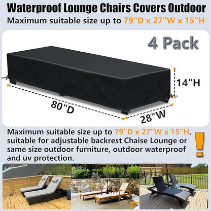 Waterproof Patio Lounge Chair Cover 4 Pack Outdoor Chaise Lounge Covers 600D Weather Resistant Material, UV Protection, Windproof Design Outside Furniture Covers 80" x 28" x 14" H,Black