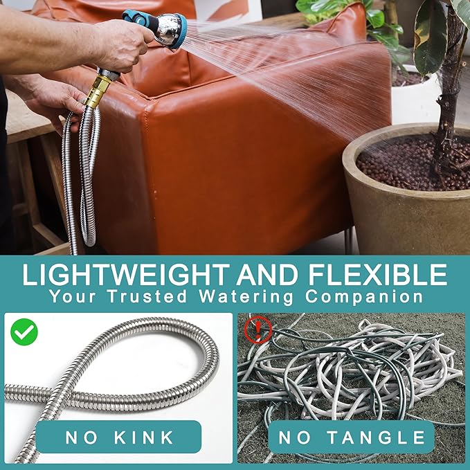 100FT Garden Hose, Stainless Steel Water Hose, Flexible with a 10-Mode Nozzle Sprayer, No Kink, Lightweight, Puncture Proof, Ideal for Yard, Lawn, Outdoor, 5/8'' Outside Diameter
