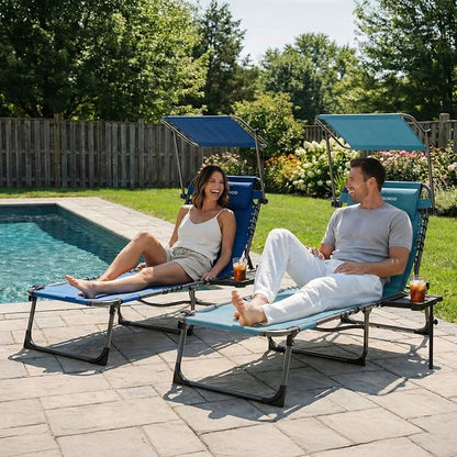 FUNDANGO 400lbs Heavy Duty Tanning Chair with Face Hole & Canopy, Blue | Face Hole & Canopy, 400lbs Capacity, Side Table, 5-Position Sun Lounger, Anti-Pinch Safety Lock