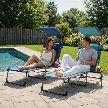 FUNDANGO 400lbs Heavy Duty Tanning Chair, Set of 2, Blue | Face Hole & Canopy & Side Table, 5 Positions, Facedown Chaise Lounge with Pillow, 400lbs