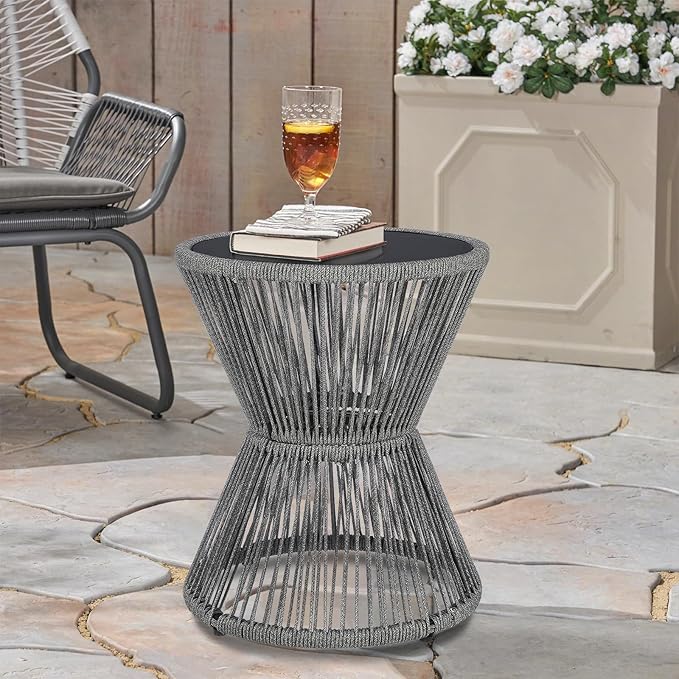 SUNNYPARK Outdoor Side Table 20'' H Small End Tables Woven Rope Weather Resistant with Glass Top Round Coffee Table for Indoor Balcony Patio Poolside (Gray)