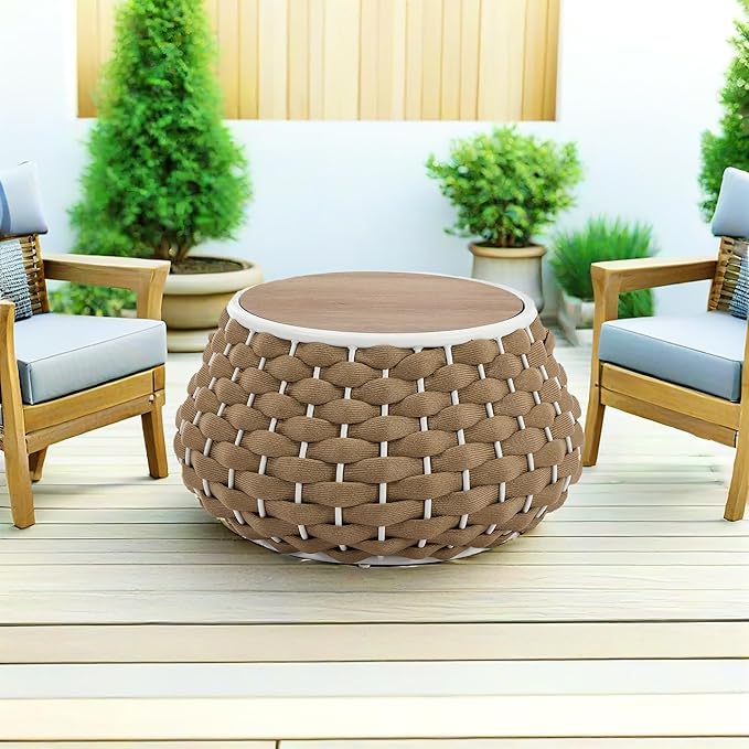 30.5 inch Outdoor Side Table, Large Patio End Table with Removable Lid Round Accent Side Tables with Metal Frame and Hollow Out Bottom for Patio, Balcony Porch, Poolside, Garden, Yard, Brown