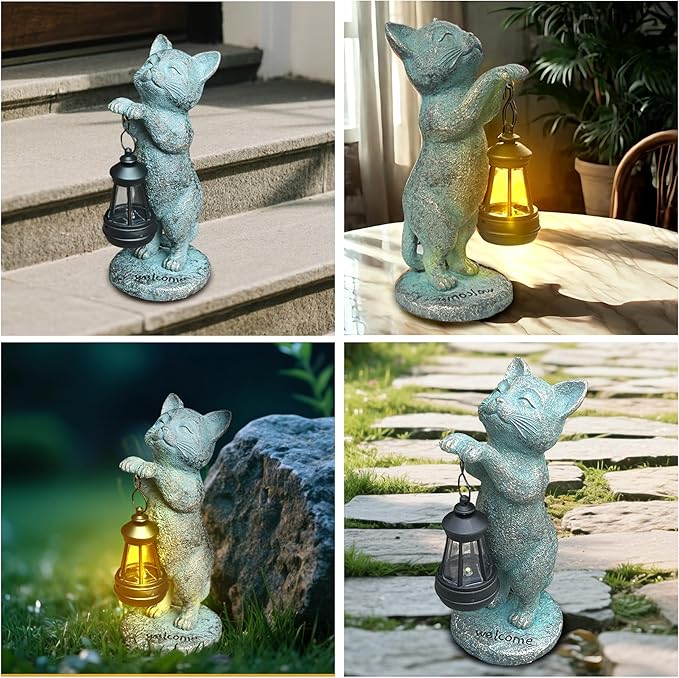 Cat Garden Statue Solar Outdoor Decor - Cat Statues for Garden Solar Lantern Figurine for Yard Patio Lawn Porch Pathway Landscape Ornament Unique Gift for Mom Women