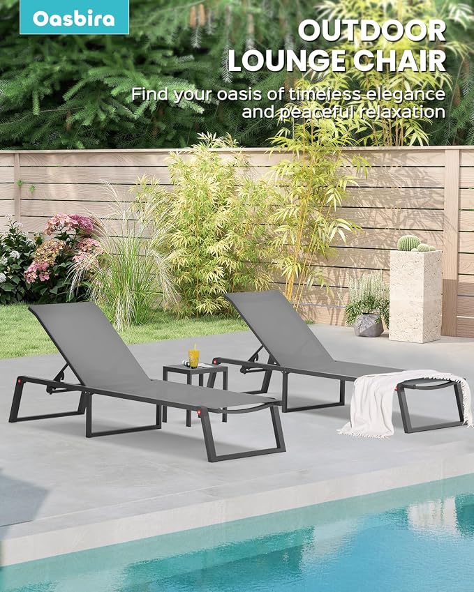 Aluminum Chaise Lounge Chair Outdoor, Foldable& No Assembly Patio Pool Lounge Chairs 5-Position Recliner for Outside, Fully Grounded Legs Sun Lounger for Poolside, Dark Grey