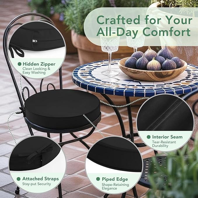 Summsun Outdoor Bistro Chair Cushions Set of 4, 15" D x 3" H Round Chair Cushions Waterproof and Fade Resistant Chair Cushion Pads with Non-Slip Ties and Removable Covers for Garden, Black