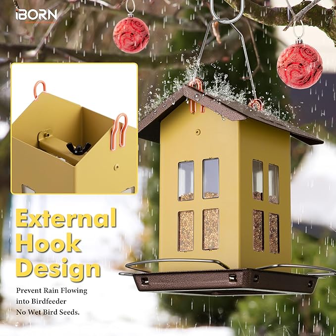 iBorn Bird Feeder House, Metal Bird Feeders for Outdoors Hanging,Double-Sided Metal Hanger & Weatherproof, Easy to Clean & Refill, 2.2 Lbs Capacity, Muted Yellow