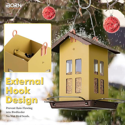 iBorn Bird Feeder House, Metal Bird Feeders for Outdoors Hanging,Double-Sided Metal Hanger & Weatherproof, Easy to Clean & Refill, 2.2 Lbs Capacity, Muted Yellow