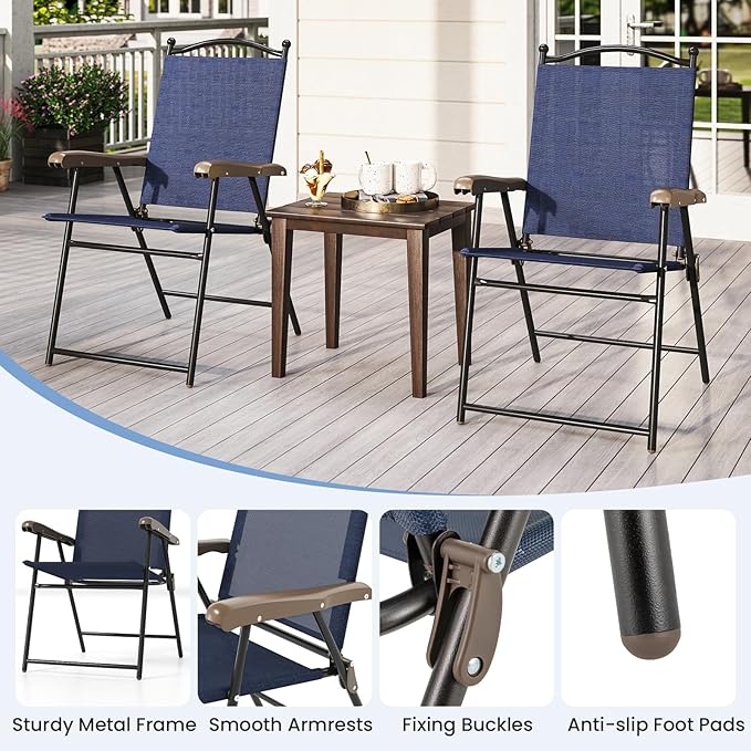 Tangkula Set of 2 Patio Folding Dining Chairs, Outdoor Sling Lawn Chairs with Armrests, Steel Frame, Portable Camping Lounge Chairs for Backyard, Deck, Poolside and Garden, No Assembly (1, Navy)