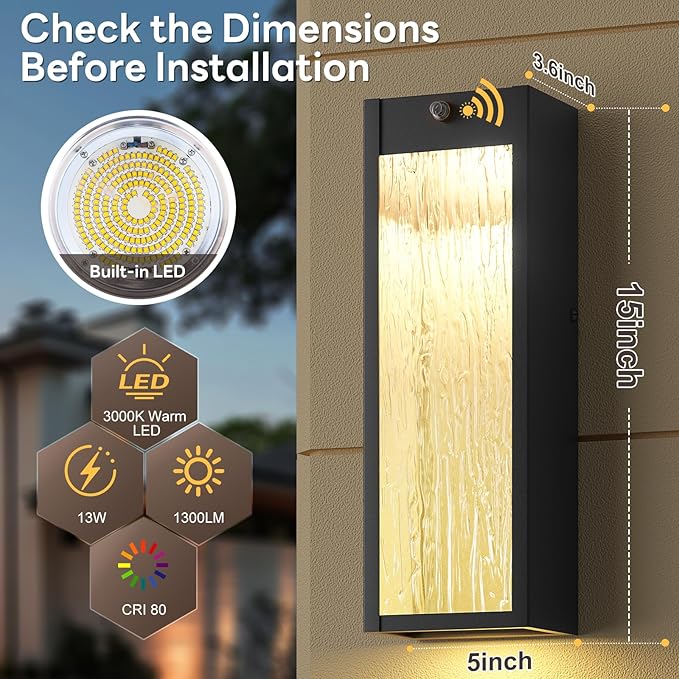 Dusk to Dawn LED Outdoor Wall Light Fixtures, 15in Exterior Black Waterproof Outdoor Lighting, Large Modern Water Ripple Porch Sconces Wall Mounted Outside Lantern for Garage Front Door(2 Pack)