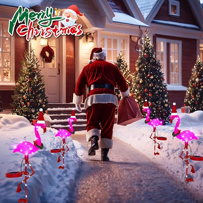 Solar Outdoor Lights Christmas Decor, Solar Xmas Flamingo Lights Waterproof Garden Decor, Flamingo Stake Lights for Yard Pathway Patio Festive Decoration-2 Pack
