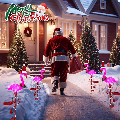 Solar Outdoor Lights Christmas Decor, Solar Xmas Flamingo Lights Waterproof Garden Decor, Flamingo Stake Lights for Yard Pathway Patio Festive Decoration-2 Pack