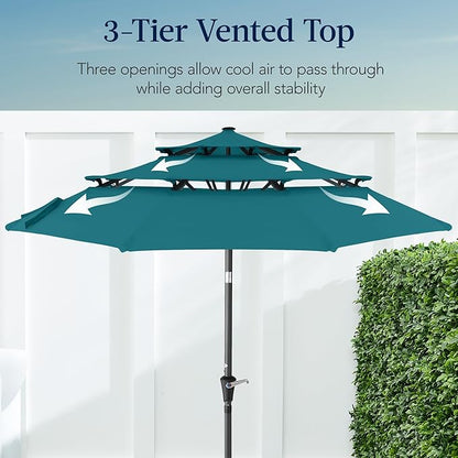 Best Choice Products 10ft 3-Tier Market Patio Umbrella, Outdoor Sun Shade with Tilt, Crank Lift, 8 Ribs for Backyard, Deck, Poolside – Cerulean