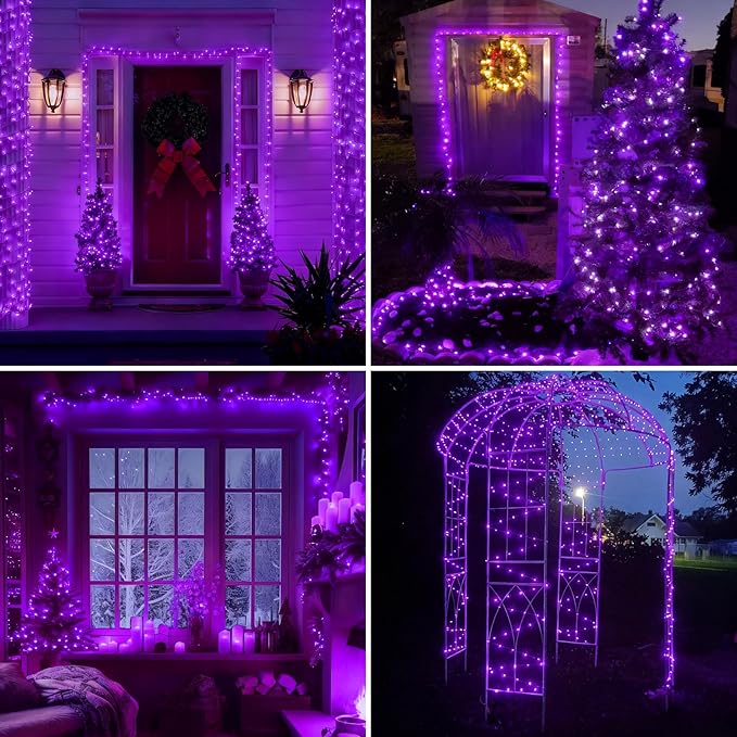 YEGUO 4 Pack Purple Solar Fairy Lights, Each 33ft 100 LED Christmas Lights Outdoor Waterproof, 8 Modes Sliver Wire Solar String Lights