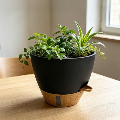 12"/10"/9"/8" Self Watering Pots with Visual Water Window,Extra Large Self Watering Plant Pots with Drainage Holes & Saucers,Black Planters for Indoor Plants,4-Pack