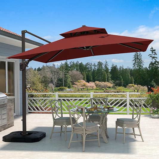 10' X 10' Cantilever Patio Umbrella Outdoor with Base Included Heavy Duty Double Top Windproof Square Offset Umbrellas with 360-degree Rotation for Pool Deck Backyard, Wine Red