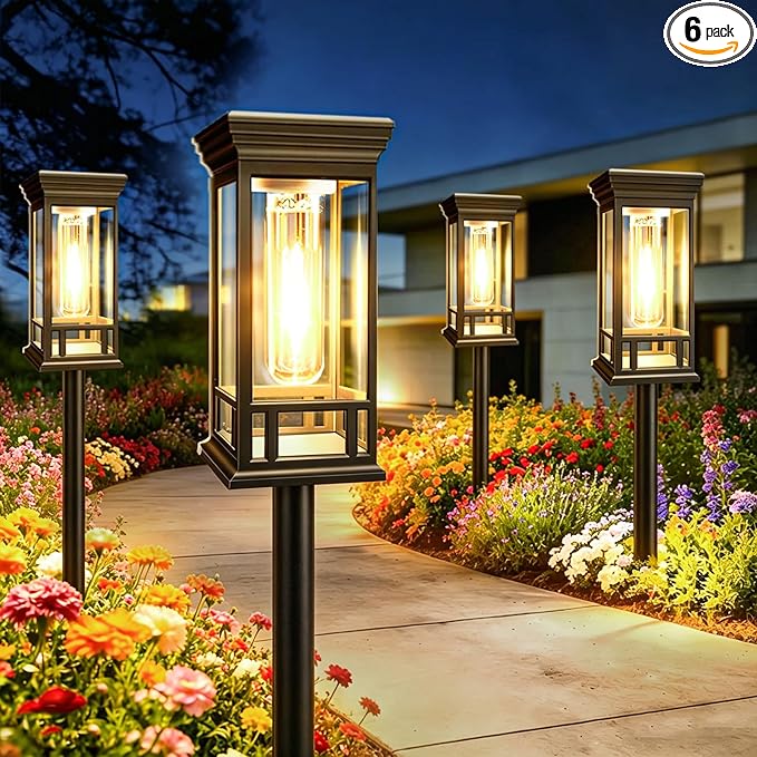 6 Pack Solar Pathway Lights Outdoor, Taller Bright Solar Path Lights Waterproof, Auto On/Off Solar Powered Garden Lights for Outside Landscape Path Yard Walkway Lawn Driveway Patio Lighting Decor