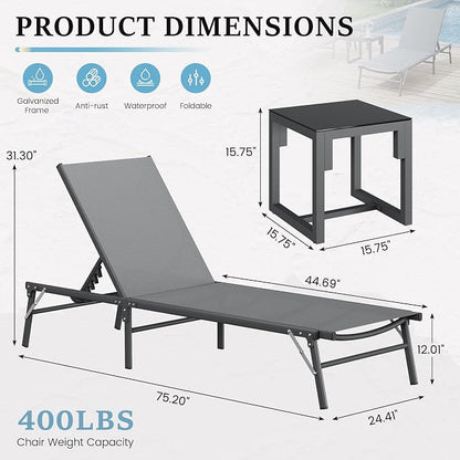 UDPATIO Foldable Patio Lounge Chair Sets with Side Table, No Assembly Outdoor Chaise Lounge with 5-Positions, Poolside Lounge Chairs with Portable Design for Pool, Beach, Deck, Backyard-Gray