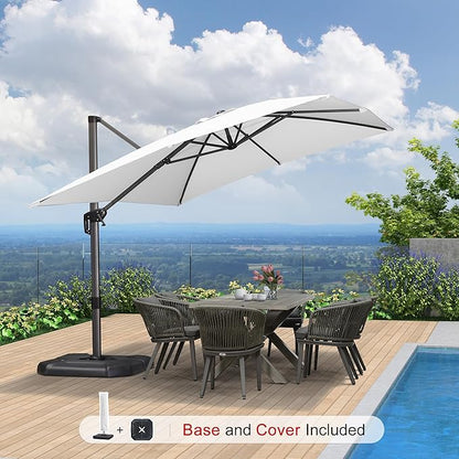 PURPLE LEAF 9'×11.5' Cantilever Patio Umbrella with Base Rectangle Offset Outdoor Umbrella Cover with Zipper for Garden Deck Pool White