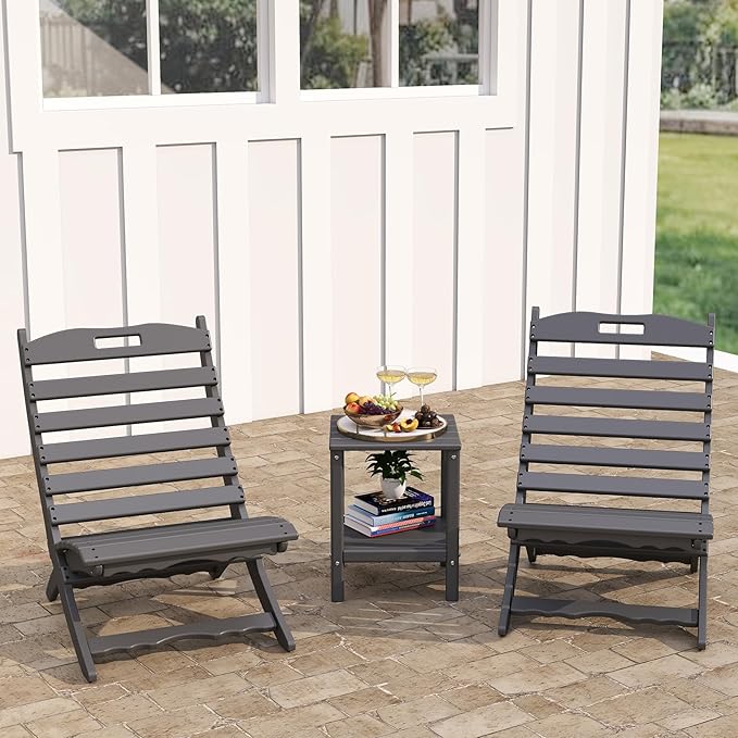 GREENVINES 3 Pieces Patio Furniture Set | Outdoor Bistro Sets for 2 | HDPE Plastic | Folding-Adirondack-Chairs-with-Side-Table | All Weather | Xavier Chair | for Porch Deck Poolside Backyard | Gray