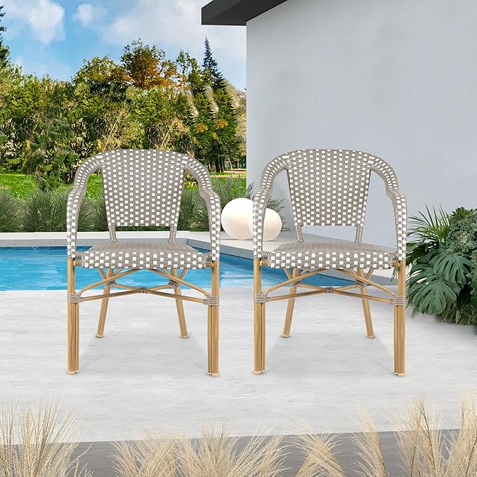 PURPLE LEAF Outdoor Dining Chair Set of 4 Aluminum Rattan Armchair for Garden Kitchen Backyard Porch Bamboo Print Finish Patio Chairs Grey French Bistro Chairs