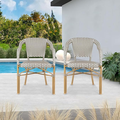 PURPLE LEAF Outdoor Dining Chair Set of 4 Aluminum Rattan Armchair for Garden Kitchen Backyard Porch Bamboo Print Finish Patio Chairs Grey French Bistro Chairs