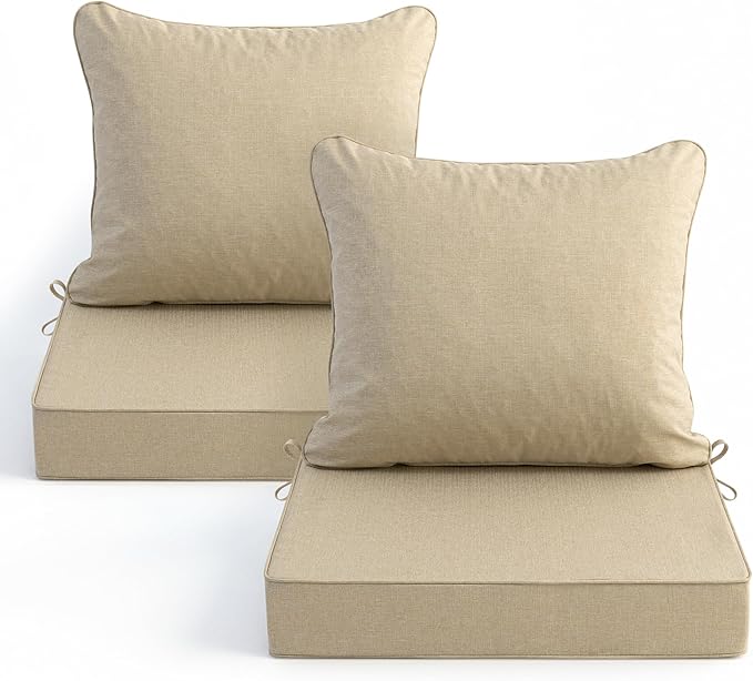 Summsun Outdoor Chair Cushions Set of 2, Faux Linen Patio Furniture Cushions, Water Resistant Backrest and Deep Seat Cushion Set with Ties, Removable Cover, Non-Slip Bottom, 24 x 24 Inch, Nature