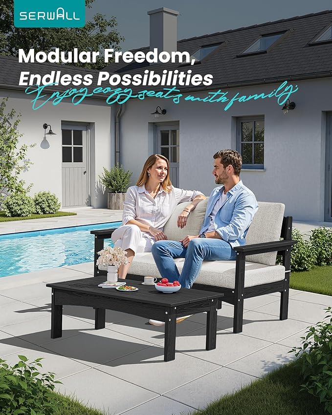 SERWALL 3 Pieces Patio Conversation Set, All-Weather HDPE Outdoor Sofas with Cushions and Coffee Table, Modular Sectional Furniture for Deck, Garden, Backyard, Black Frame with Khaki Cushion