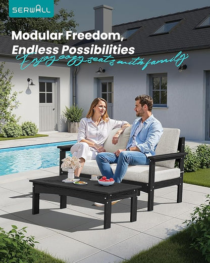 SERWALL 3 Pieces Patio Conversation Set, All-Weather HDPE Outdoor Sofas with Cushions and Coffee Table, Modular Sectional Furniture for Deck, Garden, Backyard, Black Frame with Khaki Cushion
