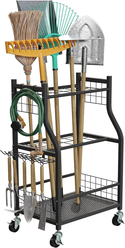 Garage Garden Tool Organizer with Wheels - Yard Tool Storage Rack with 28 Slots for Long Handles, 10 Hooks, 2 Cord Wrappers, and Locking Wheels - Shed or Garage Organization by Pure Garden