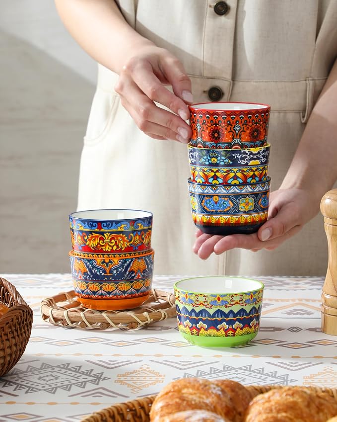 vancasso Ramekins 4 oz Oven Safe, Bohemian Style Creme Brulee Ramekin for Baking, Porcelain Souffle Dishes, Pudding Custard Cups Set of 6 Dipping Sauce Bowls Small Ramiken Bowls for Ice Cream