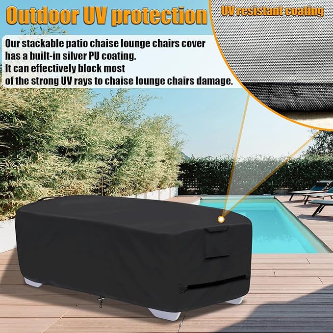 Outdoor Chaise Lounge Cover for 2-3 Stackable Chaise Lounge Chairs, Waterproof, Durable Polyester Fabric, 80 inch Patio Stackable Chaise Lounge Chairs Cover for Pool Lounge Chair Winter Storage, Black