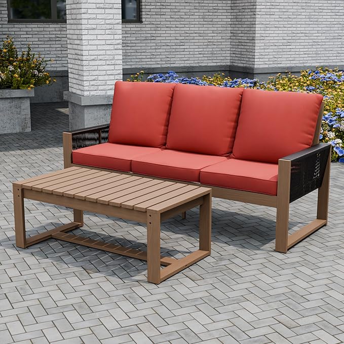 Rustic Hideaway Natural Cedar Wood Outdoor Furniture Set, Wicker Patio Conversation Set for Porch Garden Backyard, Couch and Coffee Table, 2 Piece, Brownish/Red