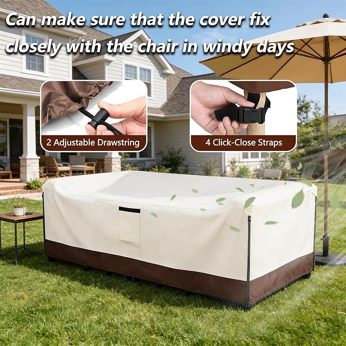 Patio Furniture Covers Waterproof,600D Heavy Duty Patio Cover for 6/7/8 PCS Sets Sectional Sofa Couch Dining Rocking Swivel Chairs Ottomans Coffee Table,126L x 63W x 28H inch Beige & Brown