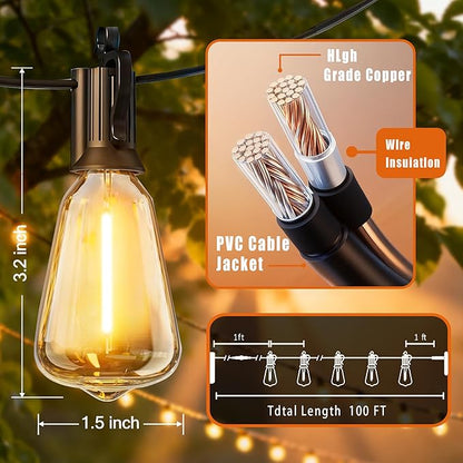 Outdoor Solar Waterproof Light String, 100FT Wire and 50 shatterproof Bulbs, dimmable Light Cannon with Remote Control, Suitable for Courtyard, Terrace, Balcony, Party Decoration Lighting