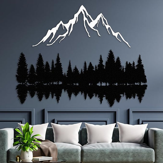 Mountain and Forest Lake Reflection Metal Wall Art, Nature-Inspired Silhouette Decor for Living Room, Bedroom or Office, Large Outdoor Wall Decor, Nature Christmas Décor (White, 32x24 inches)