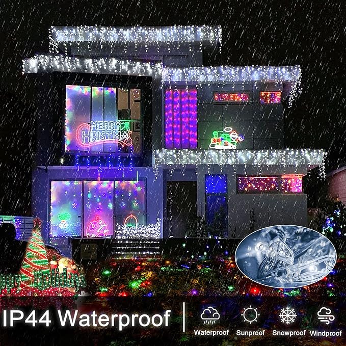 99ft 1216 LED Icicle Christmas Lights Outdoor - 8 Modes Icicle Lights with 228 Drops, Waterproof Plug in Fairy Curtain Light with Timer Memory for Party Holiday Wedding Decorations, Cool White