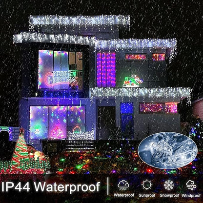 99ft 1216 LED Icicle Christmas Lights Outdoor - 8 Modes Icicle Lights with 228 Drops, Waterproof Plug in Fairy Curtain Light with Timer Memory for Party Holiday Wedding Decorations, Cool White