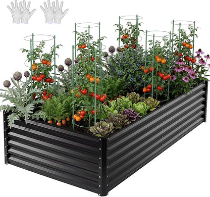 YITAHOME 2pcs 8x4x2ft Galvanized Raised Garden Bed with Tomato Cages, Galvanized Planter Box with Tomato Trellis, Gloves, Support Rod, Outdoor Flower Bed for Climbing Plants, Vegetables, Flower, Black