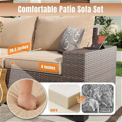 Aoxun 7 Pieces Patio Furniture Set with 44” Fire Pit Table Wicker Rattan Outdoor Sectional Conversation Set with Coffee Table and 4” Thickened Cushions, Beige (Waterproof Cover Included)
