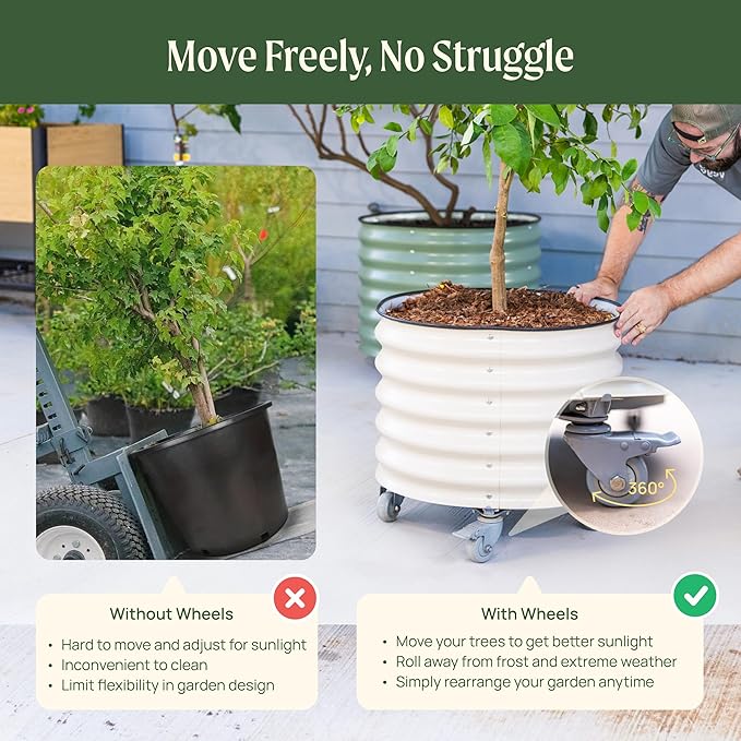 Rolling Metal Citrus Tree Planter Pot, 21″ Round Planter Box for Porch Patio & Backyard, 20 Gallon Large Planter Pot with Wheels for Growing Olive Trees Tomatoes Vegetables Flowers, 2 Pack Olive Green