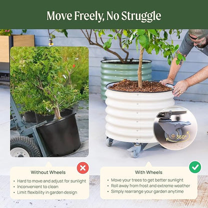 Rolling Metal Citrus Tree Planter Pot, 21″ Round Planter Box for Porch Patio & Backyard, 20 Gallon Large Planter Pot with Wheels for Growing Olive Trees Tomatoes Vegetables Flowers, 2 Pack Olive Green