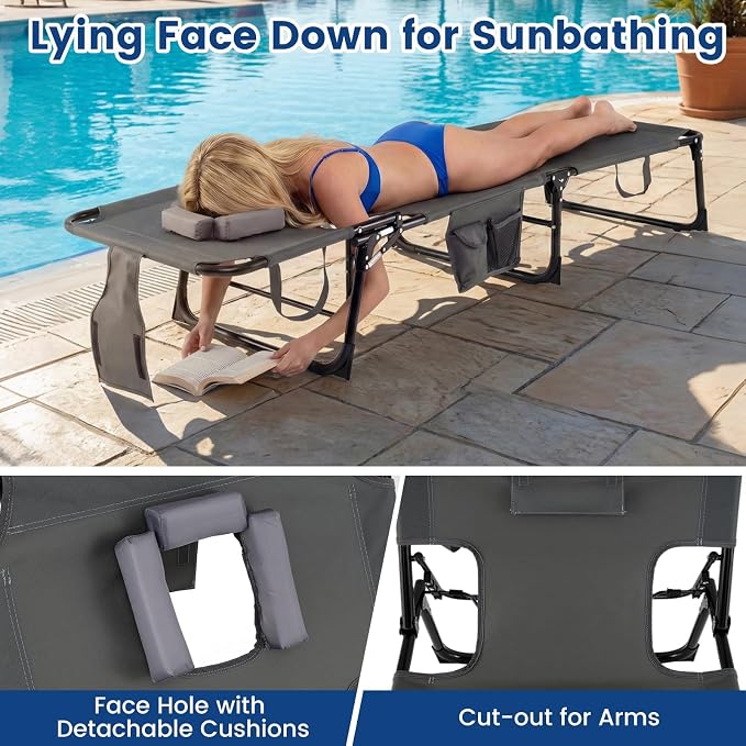 Goplus Tanning Chair, Folding Adjustable Patio Lounge Chair with Face Hole, Removable Pillow, 330LBS, Carry Strap, Outdoor Sunbathing Chair, Lightweight Portable Beach Lounge Chair, No Assembly