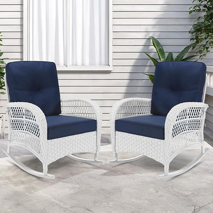 VIVIJASON 2 Piece Patio Wicker Rattan Rocker Chair, Outdoor Rattan Rocker Chair with Cushions & Steel Frame, All-Weather Rocking Lawn Wicker Furniture for Garden Backyard Porch (White/Navy Blue)