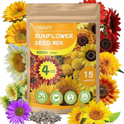 15+ Varieties 5000+ Sunflower Seeds for Planting, 4 Oz Heirloom Sunflower Mix Seeds to Plant (Giant Mammoth, Dwarf) Garden Variety Pack, High Germination, Attracts Pollinators