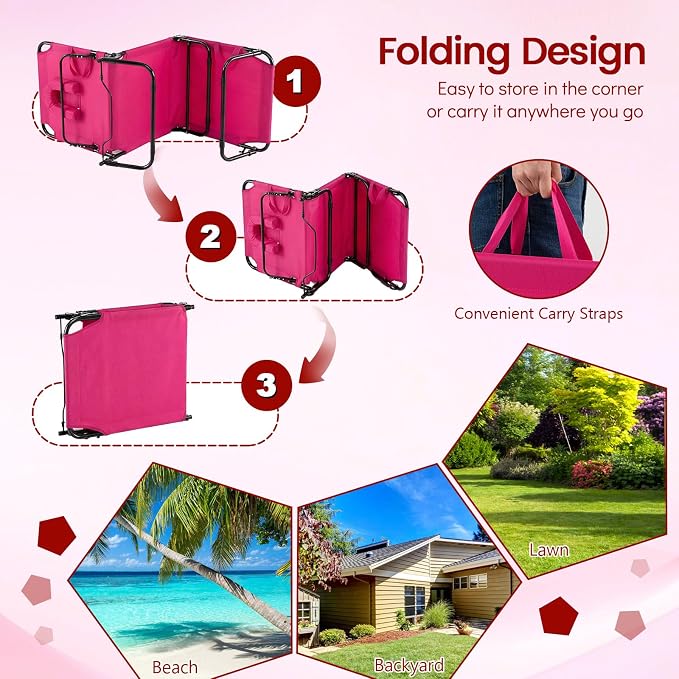Giantex Folding Beach Tanning Chair - Adjustable Patio Lounge Chair w/Face Hole, Removable Pillows, Carry Strap, Layout Chair, Sunbathing Chaise Lounge Outdoor for Poolside Yard Lawn (2, Pink)