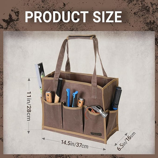 Heavy-Duty Waxed Canvas Tool Pouch - 14-Pocket Garden Tool Organizer with Removable Handle | Multi-Compartment Storage Bag for Tools (14.5" x 11" x 6.5", Grey)