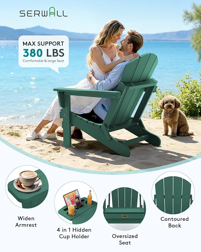 SERWALL Folding Adirondack Chair, Outdoor Adirondack Chairs with 4 in 1 Cup Holder, Weather Resistant Plastic Patio Chair for Garden, Backyard, Deck, Lawn, Fire Pit- Green