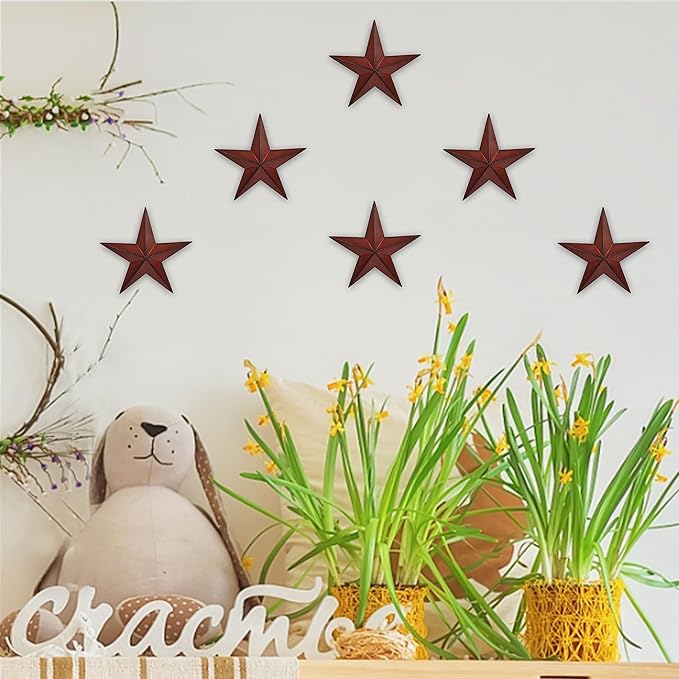 JoyEvy 6"（6pieces Red Black Barn Star Texas Stars Art-Metal Stars for Outside Rustic Vintage Western Wall Decor Country Home Farmhouse Wall Decorations